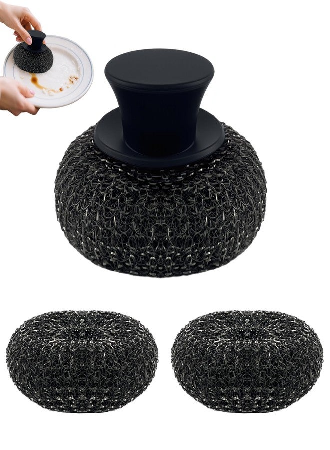 Frayot Stainless Steel Wool Scrubber with Rubber Handle & 2 Pads for Cleaning Dishes, Kitchen Pots, Pans, Grills (Black) - Image 1